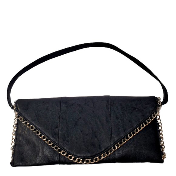 Black Leather  Envelope Clutch with Chain Edging Bag. - Picture 1 of 5